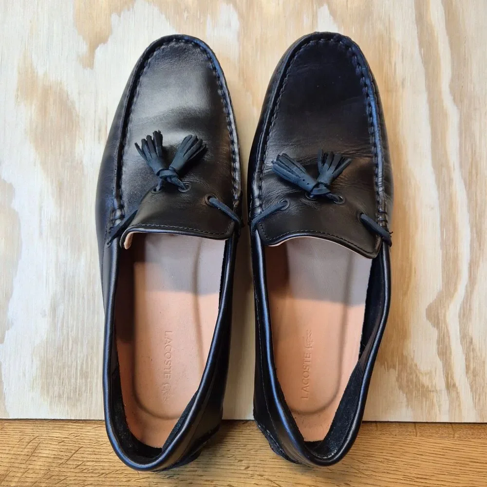 Lacoste Piloter Tassel Loafers Size Men's US 7.5 Womens US 9 Black Leather Shoes
